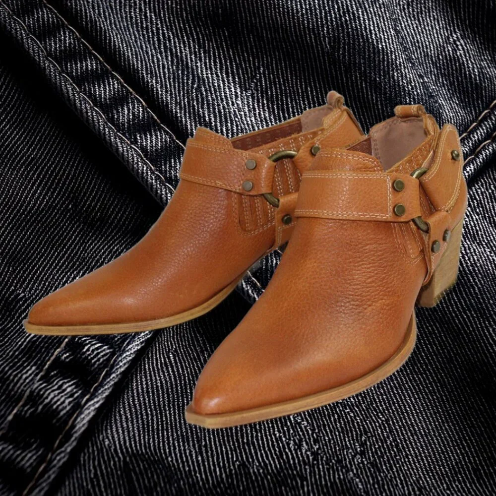Dingo Kick Back Leather Harness Detail Cognac  Ankle Bootie, Size 6.5